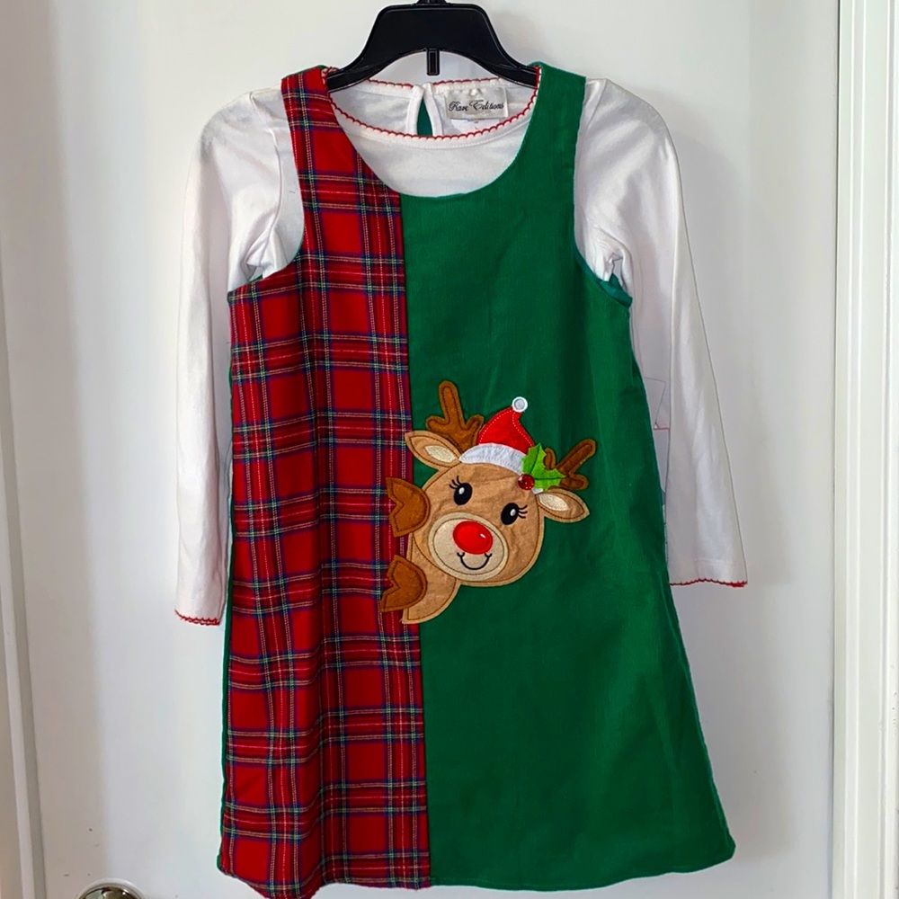 Size 6x girl Christmas reindeer dress green/red plaid and whit long sleeve shirt